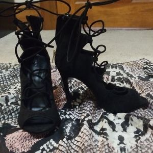 Black suede peep toe heel